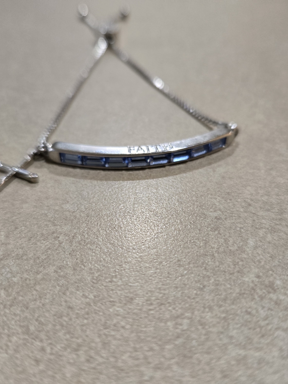 Silver Plated Bar Adjustable Faith Bracelet with Blue Crystal Inlay With Cross